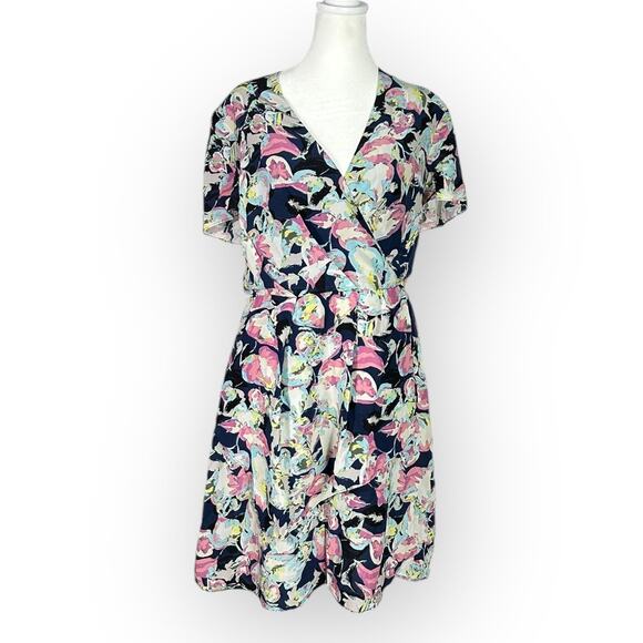 Slate & Willow Mini Dress Women's 8 Blue Silk Mixed Floral Printed Faux Wrap RTR - Picture 3 of 13